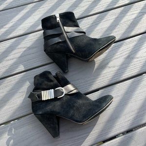 BOGO FREE Sandro Boots Black Suede Heels Ankle Bootie Silver Buckle US 6.5 EU 37
